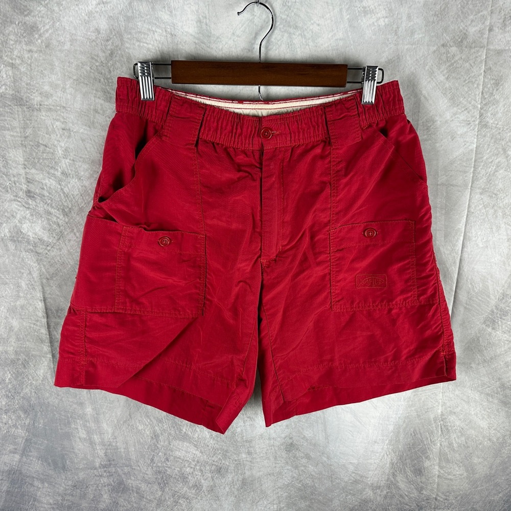 AFTCO Bluewater Mens Sz 30 Red Fishing Shorts Elastic Waist Cargo 7.5" inseam